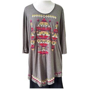 Johnny Was Grey Embroidered Aztec Tunic Top, Size XL, Boho Western Oversized